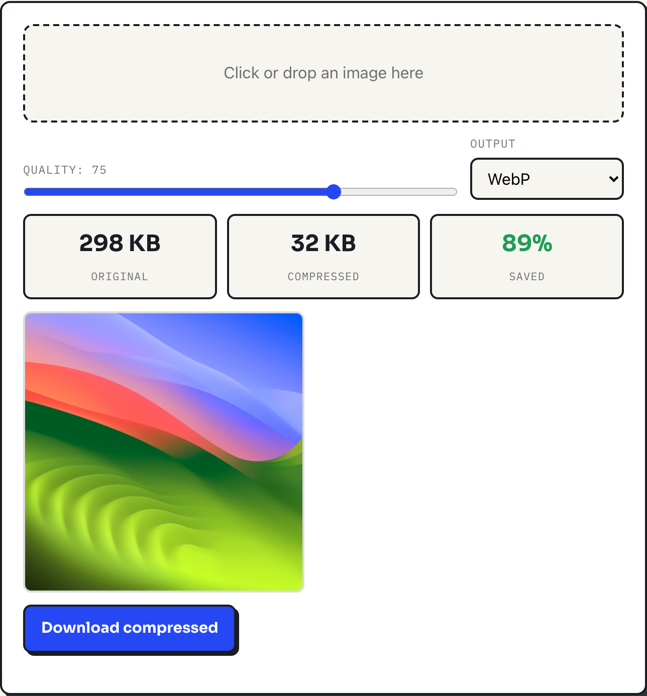 ToolPike image compressor showing a 298 KB JPEG photo compressed to 32 KB WebP, an 89 percent size reduction