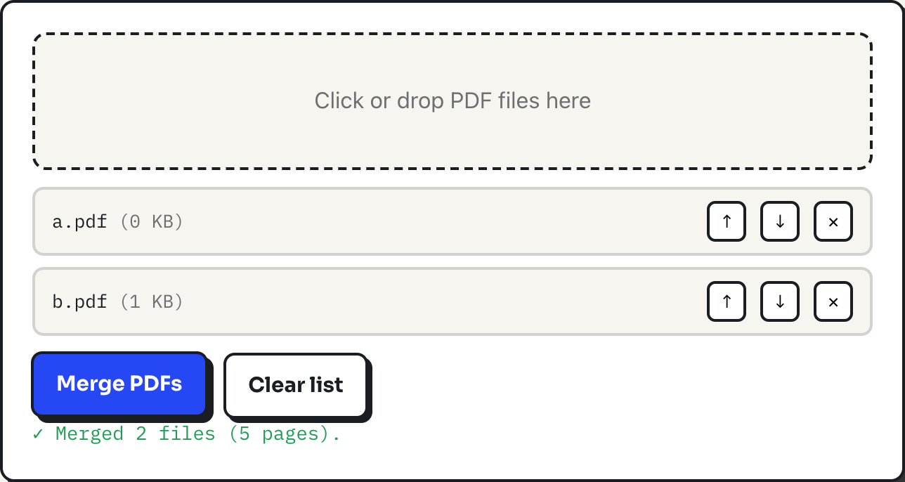 ToolPike PDF merge tool with a.pdf and b.pdf listed and a status line reading Merged 2 files, 5 pages